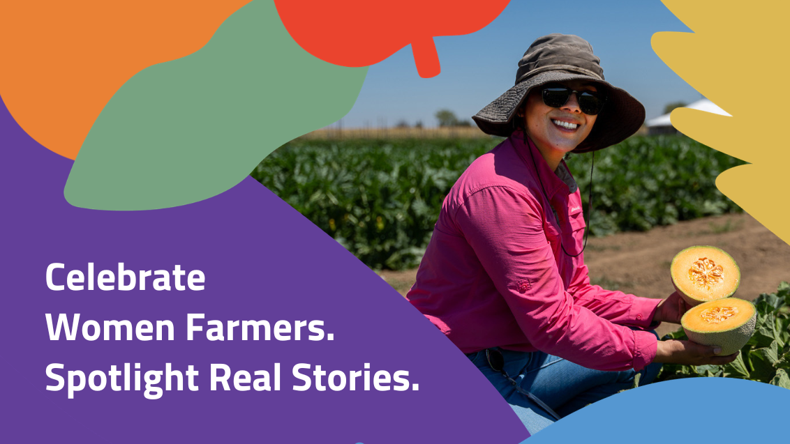 Woman farmer in pink shirt and hat holding melons; “Celebrate Women Farmers” text graphic