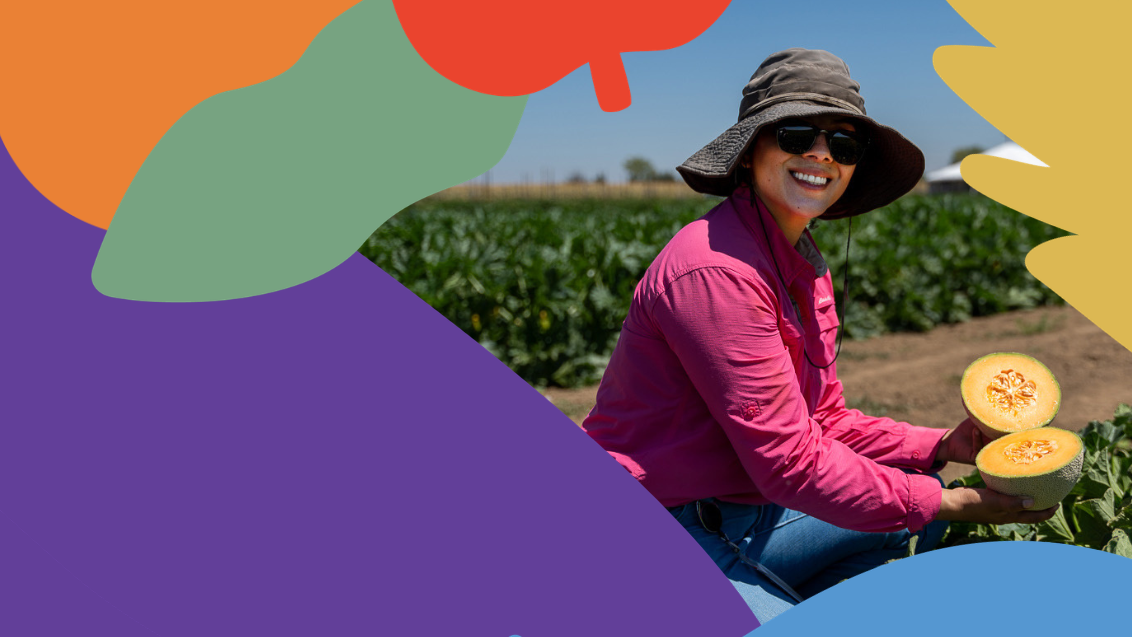 Smiling woman in pink shirt holding melons in a field, with colorful graphic shapes overlay