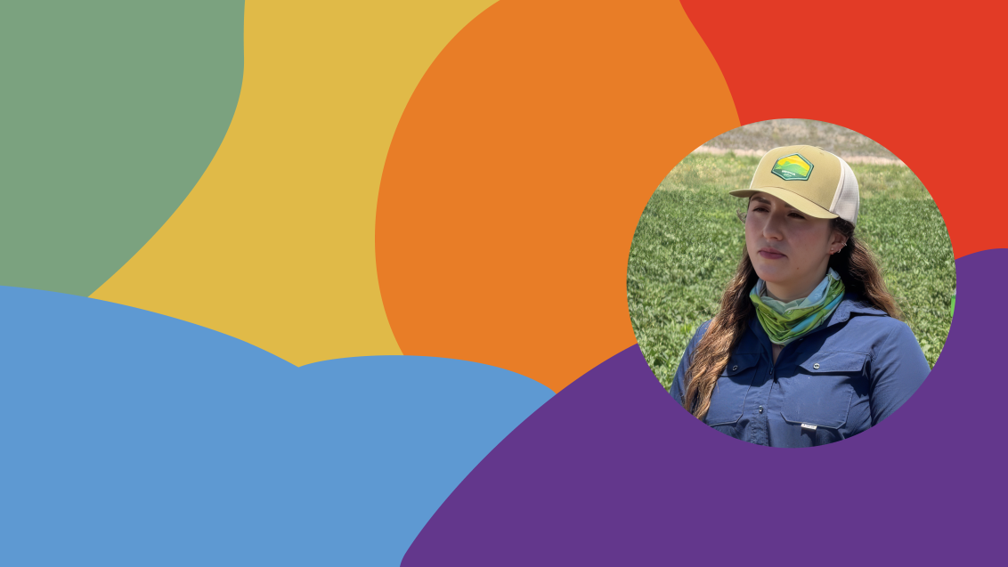 Colorful abstract background with circular photo of a woman in a yellow cap