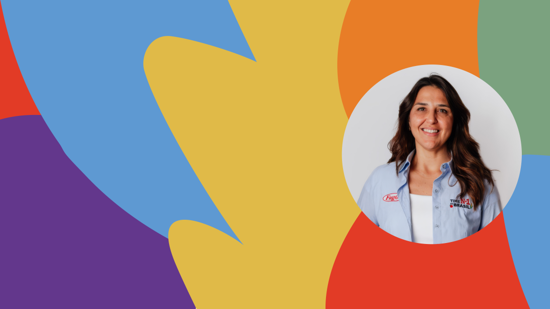 Abstract colorful shapes with a circular headshot of a smiling woman