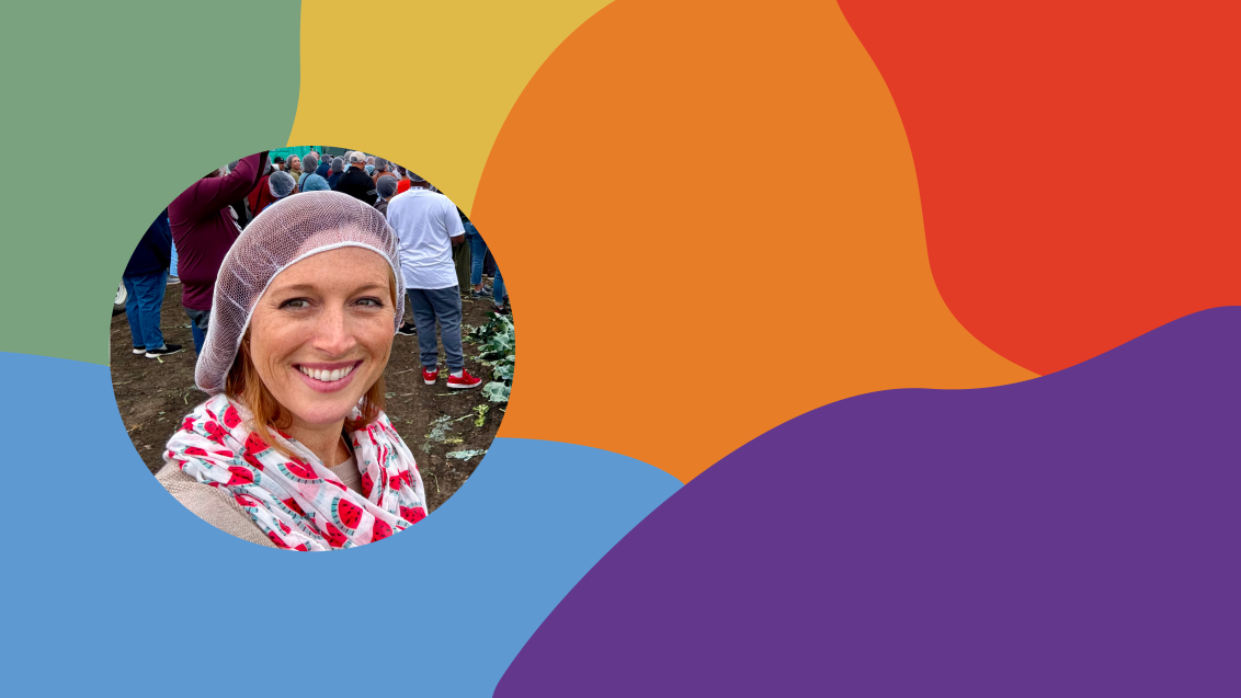 Abstract colorful wave background with circular photo of smiling woman in knit hat