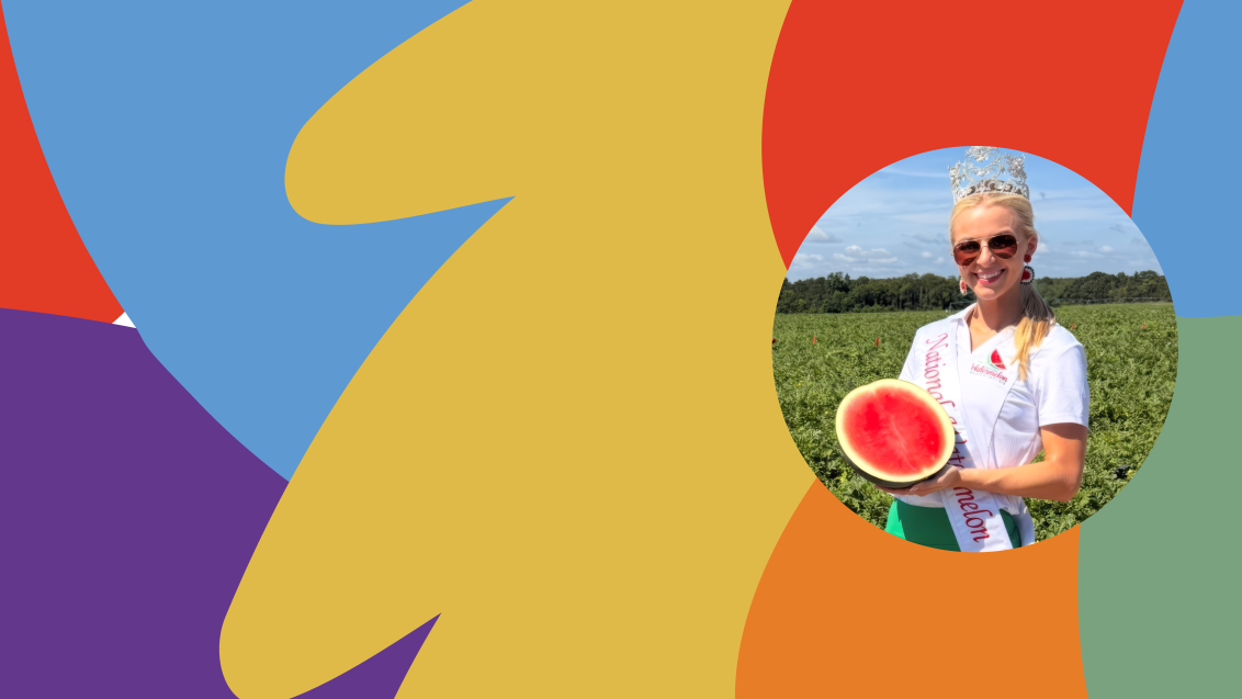 Colorful abstract graphic with a circular photo of a man holding a watermelon slice