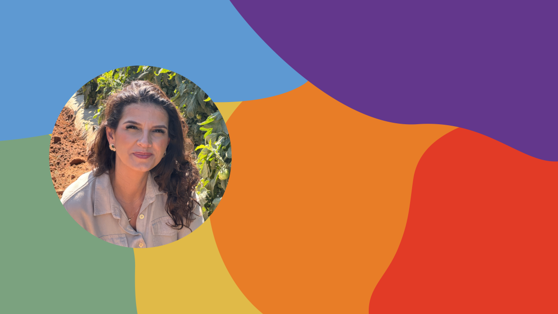 Circular headshot of a woman over colorful abstract shapes
