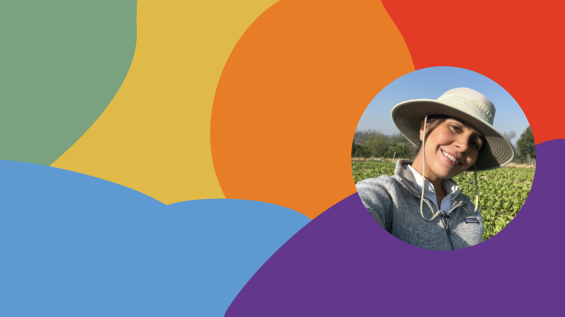 Abstract colorful wave shapes with a small circular photo of a smiling person in a hat