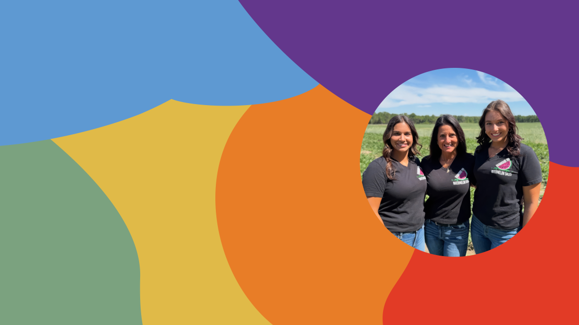 Colorful abstract shapes with a circular photo of four smiling women on the right