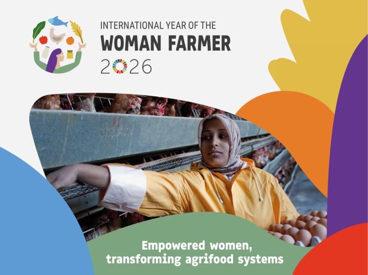 Poster for International Year of the Woman Farmer 2026, woman holding chicken eggs