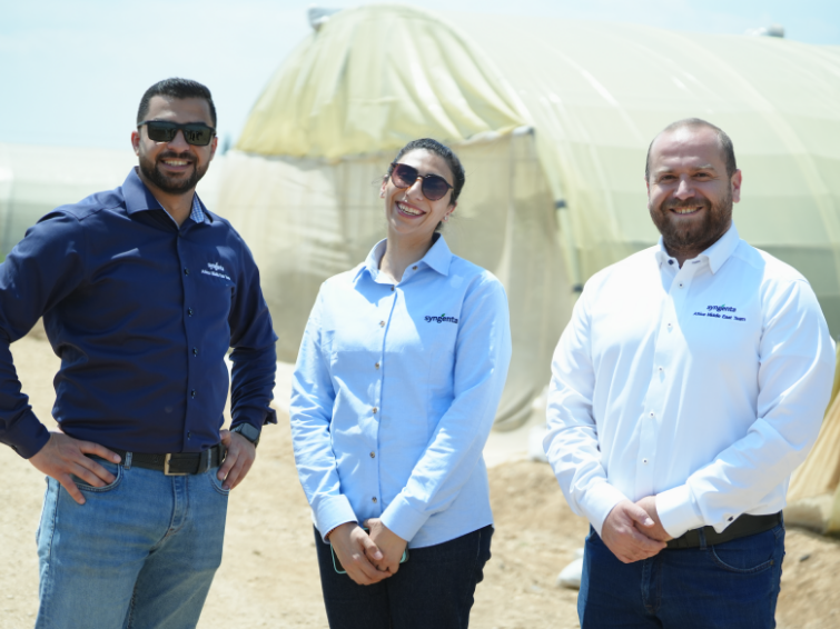 Three coworkers in blue and white shirts standing outdoors near a large tent