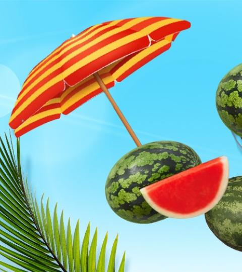 Ilustración de sandías y sombrilla en cielo azul con hojas tropicales