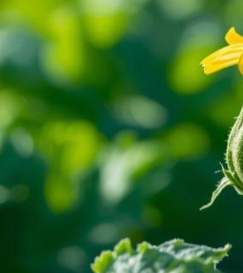 Courgette yellow dandelion flower in sunlight with green leaves in soft focus