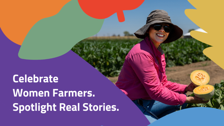 Woman farmer in pink shirt and hat holding melons; “Celebrate Women Farmers” text graphic