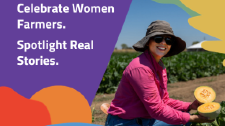 Woman farmer in a field holding melons; text reads “Celebrate Women Farmers. Spotlight Real Stories.”