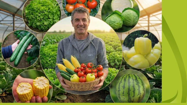 Cover of a vegetable seed catalog with a man holding a basket of produce in a greenhouse