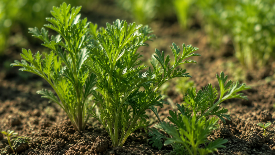 Young carrot seedlings sprouting in soil with sunlight and blurred greenery background