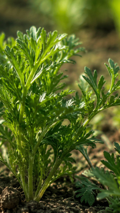 Young carrot seedlings sprouting in soil with sunlight and blurred greenery background