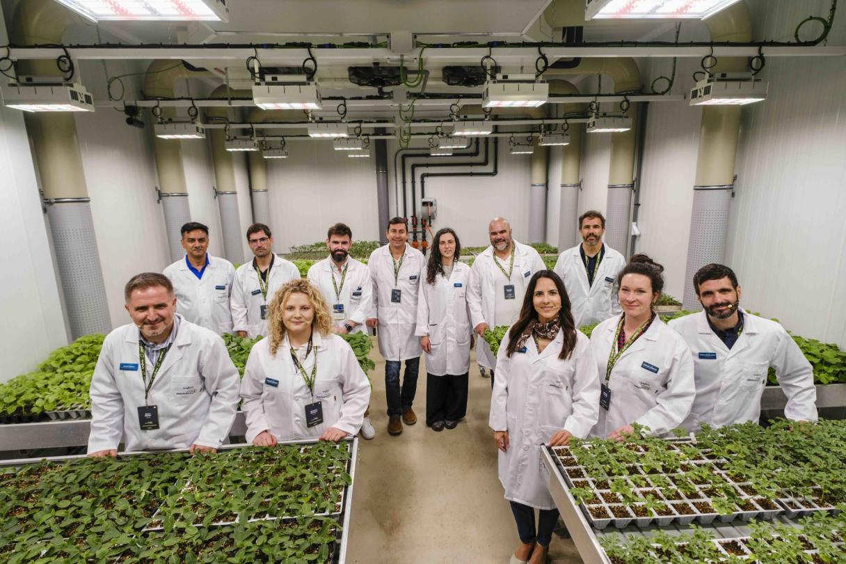 Researchers in lab coats standing in an indoor plant growth room with seedling trays.