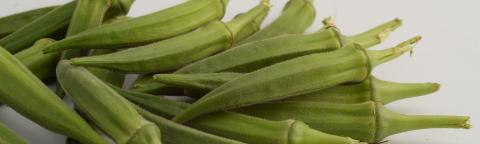 Pile of fresh green okra pods on a white surface